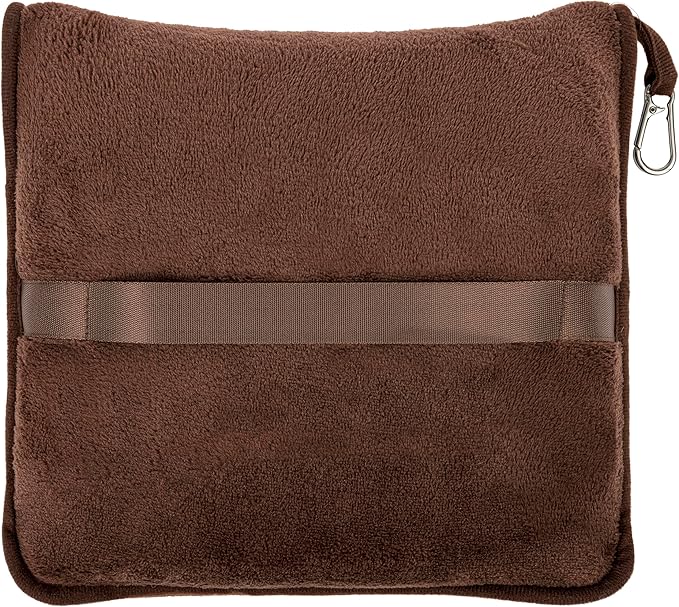 BlueHills Premium Soft Travel Blanket Pillow Airplane Blanket Soft Bag Pillow case with Hand Luggage Belt and Backpack Clip Compact Pack Large Portable Throw Air Plane Flight Travel (Brown T009)
