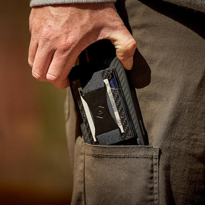 Ridge Wallets for Men Compatible with Magsafe - Slim Minimalist Compact Wallet and Card Holder, RFID Protected Front Pocket Wallets for Men with Integrated Cash Strap (Carbon Fiber 3K)