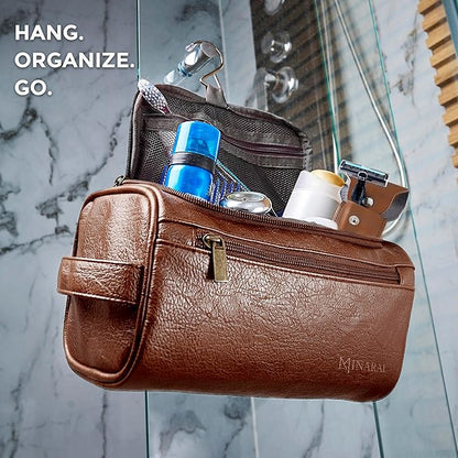 MINARAI Mens Toiletry Bag with Razor Case Included – Reinforced Stitching, Padded Panels, Holds Shape Trip After Trip, Ideal for Tight Hotel Sinks with Hook, Built for Men Who Travel Hard – BROWN