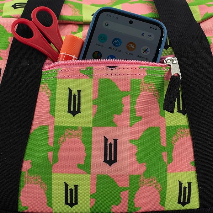 Wicked Duffle Bag, 16 inch Travel Sleepover Weekender Bag for Girls Featuring Galinda & Elphaba, Green & Pink