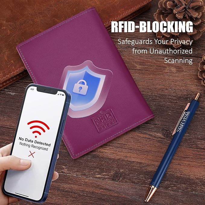 STAR VISTA Albatross Leather Travel Passport Holder, Minimalist Design, Calfskin Leather Case for Women and Men - Slim Passport Wallet, Bifold, RFID Blocking, with AirTag Holder, Violet