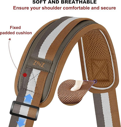 ZINZ 74" Shoulder Strap with Fixed Pad and Dual Balanced Buckles，Brown-White-Gray Stripe