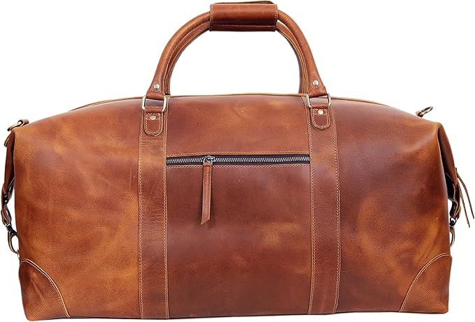24 Inch Genuine Buffalo Leather Travel Duffle Bag, Overnight Weekend Leather Bag Sports Gym Duffel for Men, Airplane Under Seat Carry on Bags (Tan)