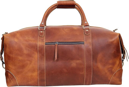 24 Inch Genuine Buffalo Leather Travel Duffle Bag, Overnight Weekend Leather Bag Sports Gym Duffel for Men, Airplane Under Seat Carry on Bags (Tan)