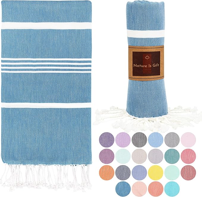 Beach Towel 100% Cotton Turkish Beach Towel Adult 38x70 Inch Pre-washed Absorbent Extra Large|Sand Free Quick Dry BathTowels|Lightweight Blanket|Travel Cruise Camping Spa Gym Towel|Directoire Blue