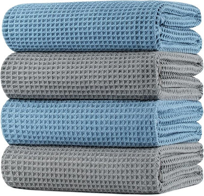 POLYTE Microfiber Oversize Quick Dry Lint Free Bath Towel, 60 x 30 in, 4 Pack (Waffle Weave)
