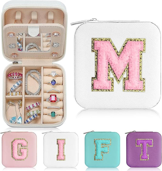 Parima Christmas Gifts for Grandkids - Travel Jewelry Case, Ring, Necklace, Earring Organizer Box - Initial M, White