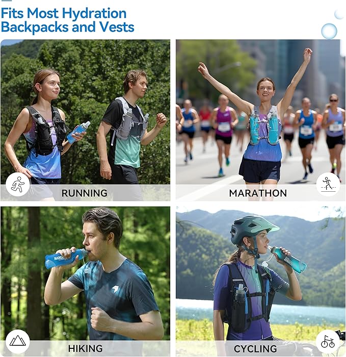 MARCHWAY Soft Hydration Flask with Wide Mouth, 300ml/500ml Collapsible TPU Water Bottle, Leakproof Portable Flexible for Running, Hiking, Cycling, Climbing, Gym, Travel (2pcs Dark Blue 500ml)