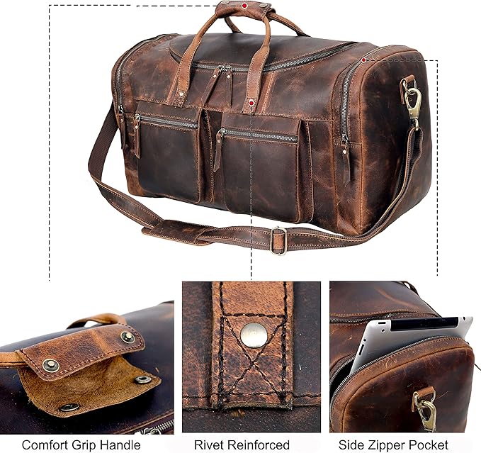 28" Vintage Duffel Classic Style with Modern Outlook Retro Thick Full Grain Cowhide Handmade Airplane Underseat Carry On Bags Leather Gym Overnight Luggage Bag (24 inch)