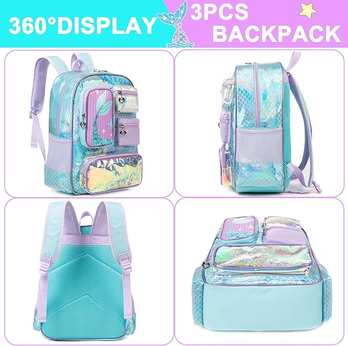 Cute Mermaid Kid’s Luggage Set 5 Piece Suitcase Set 16’’ Hardside Luggage with Spinner Wheels Girls Carry on Toddler Luggage Travel Rolling Suitcase Airline Approved