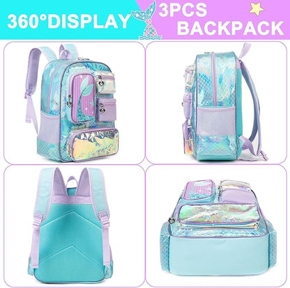 Cute Mermaid Kid’s Luggage Set 5 Piece Suitcase Set 16’’ Hardside Luggage with Spinner Wheels Girls Carry on Toddler Luggage Travel Rolling Suitcase Airline Approved