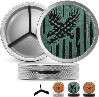 Leather-Faced Metal Pouch Can | Metal Container | Slim EDC Pocket Tin | Airtight & Moisture-Resistant | Daily Organizer | Pill Case & Travel Tin | Father’s Day Gift for Dad | (American Flag, Silver)