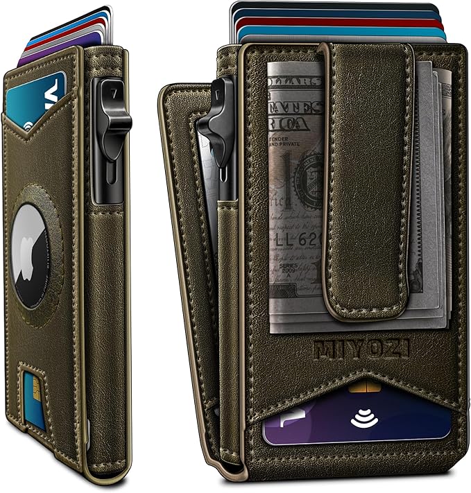 Airtag Wallet for Men,with Money Clip Gift Boxed,Slim Front Pocket Wallet RFID Blocking Metal Case Smart Pop-up Credit Card Holder in Magnetic Leather Flip