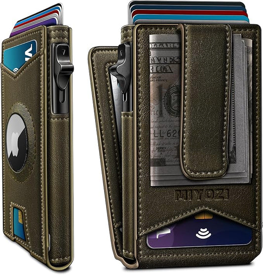 Airtag Wallet for Men,with Money Clip Gift Boxed,Slim Front Pocket Wallet RFID Blocking Metal Case Smart Pop-up Credit Card Holder in Magnetic Leather Flip