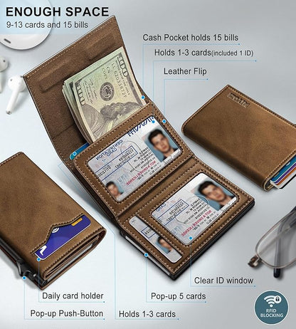 Wallet for Men,with Cash Pocket 2 ID Window 9-13 Cards,Metal Case Smart Slim Pop Up Credit Card Holder Flip with Magnetic Closure RFID Blocking Trifold wallet with Gift Box