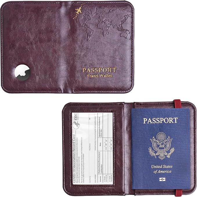 QIELIZI Passport Holder with Airtag Slot, Airtag Passport Wallet for Men Women, Slim Leather Passport Holder Case Family for Travel Anti-Lost(1-Dark Red)