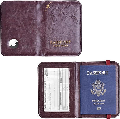 QIELIZI Passport Holder with Airtag Slot, Airtag Passport Wallet for Men Women, Slim Leather Passport Holder Case Family for Travel Anti-Lost(1-Dark Red)