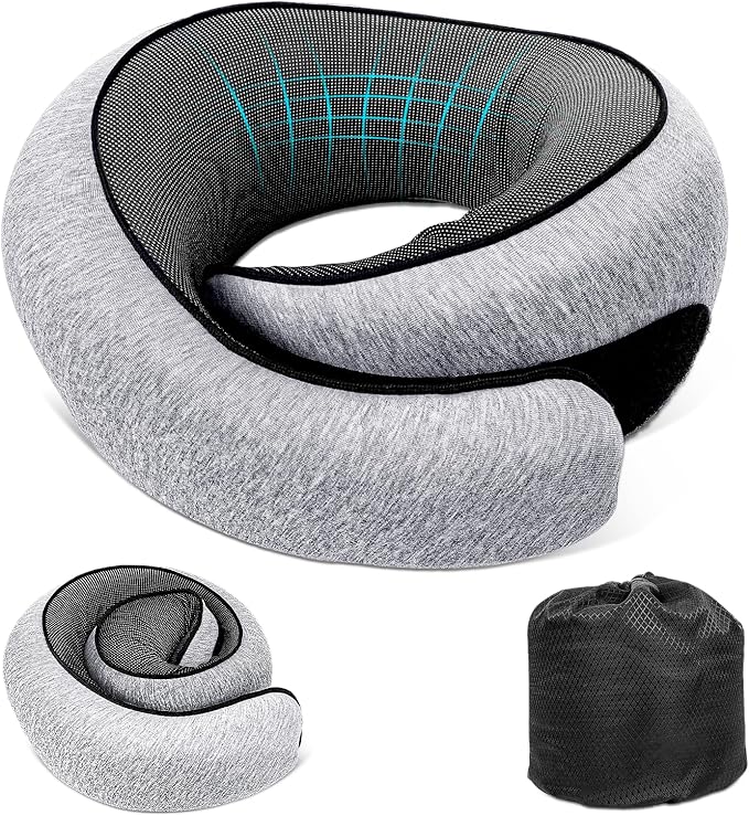 Travel Neck Pillow for Airplanes, 100% Memory Foam Neck Pillow for Sleeping, 360° Neck Support Pillow, Compact and Ergonomic Design for Travel, Car Rides, Airport (Light Grey)