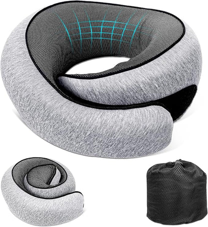 Travel Neck Pillow for Airplanes, 100% Memory Foam Neck Pillow for Sleeping, 360° Neck Support Pillow, Compact and Ergonomic Design for Travel, Car Rides, Airport (Light Grey)