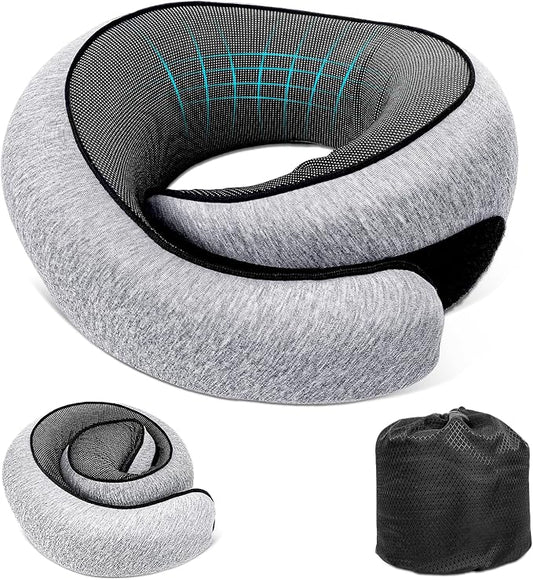 Travel Neck Pillow for Airplanes, 100% Memory Foam Neck Pillow for Sleeping, 360° Neck Support Pillow, Compact and Ergonomic Design for Travel, Car Rides, Airport (Light Grey)