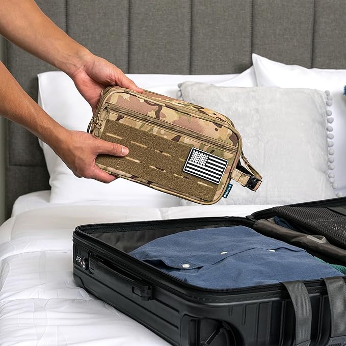 PAVILIA Tactical Toiletry Bag for Men, Travel Hygiene Bag, Military Gear Dopp Kit, Water Resist Molle Accessories Pouch, Mens Shaving Essentials, Gym Bathroom Shower Small Toiletries Tool EDC, Camo