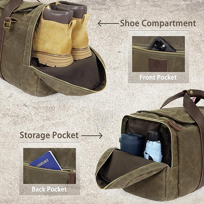 Duffle Bag for Travel, 50L Waxed Canvas Duffle Bag Vintage Travel Bag Overnight Bag with Shoes Compartment Men (Vintage Grey, Large-50L)