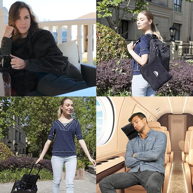 BlueHills Premium Soft Travel Blanket Pillow Airplane Blanket Packed in Soft Bag Pillowcase with Luggage Sleeve Compact Pack Large Traveling Packable Lightweight Gifts Black T008