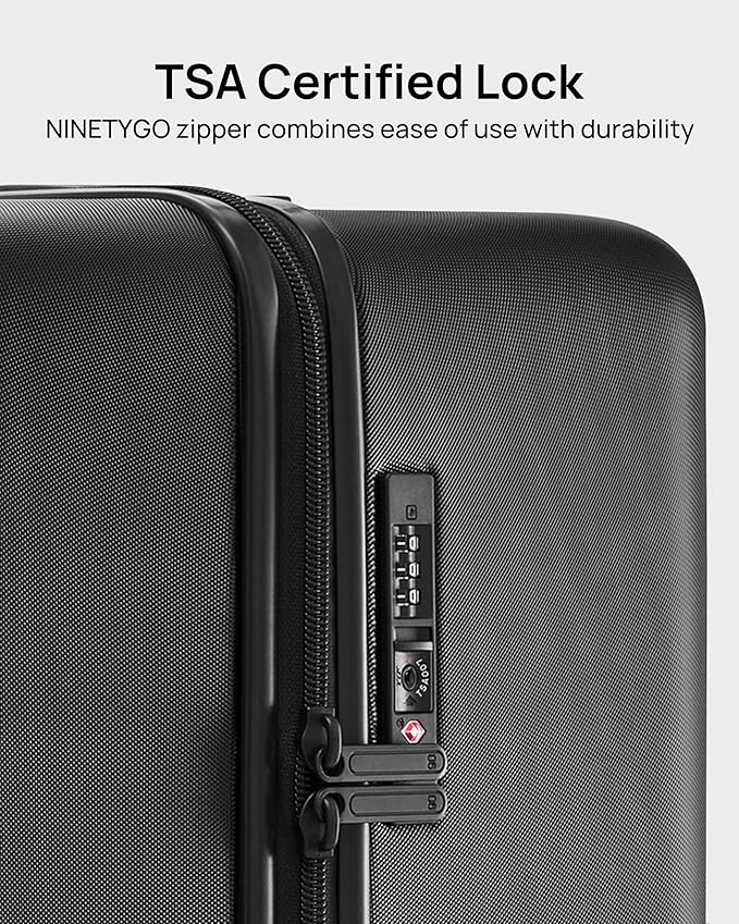 NINETYGO Trunk Luggage 24 Inch, Medium Checked Luggage with Double Spinner Wheels, Anti-Burst Zipper, Hard Case PC Suitcase, Lightweight Travel Luggage, TSA Approved (Onyx Black, Hudson)