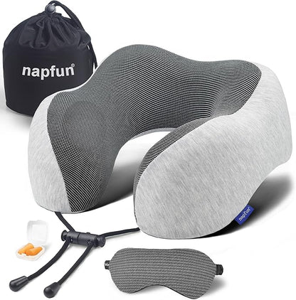 napfun Neck Pillow for Traveling, Upgraded Travel Neck Pillow for Airplane 100% Pure Memory Foam Travel Pillow for Flight Headrest Sleep, Portable Plane Accessories, Light Grey Set