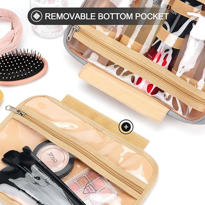 Travel Hanging Toiletry Bag for Women, Holds Full-Size Shampoo, with Jewelry Organizer Compartment, Extra Large Makeup Bag, Waterproof Cosmetic Bag, Toiletries Kit Set with Trolley Belt, Grey