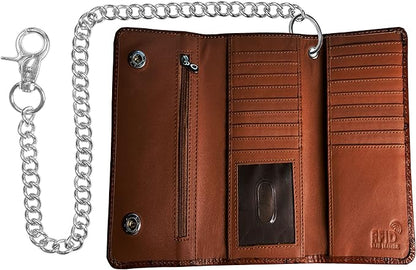IBRO VINTAGE Motorcycle Chain Wallet for Men – Premium Cowhide Leather, RFID Tri-Fold Biker Wallet with Heavy Duty Chain for Bikers Truckers & Hunters, Credit Card Money Organizer Long Wallet