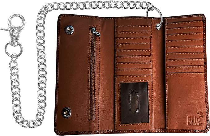 IBRO VINTAGE Motorcycle Chain Wallet for Men – Premium Cowhide Leather, RFID Tri-Fold Biker Wallet with Heavy Duty Chain for Bikers Truckers & Hunters, Credit Card Money Organizer Long Wallet