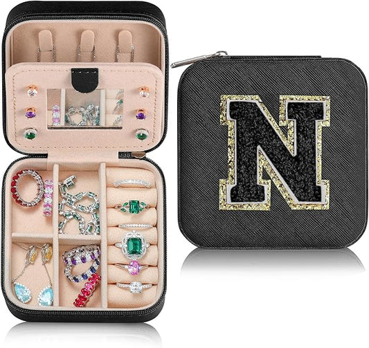 Parima House Warming Gifts New Home - Personalized Jewelry Holder Organizer for Travel | Preppy Stuff & Room Decor for Teen Girls | Black Travel Jewelry Case - Letter N