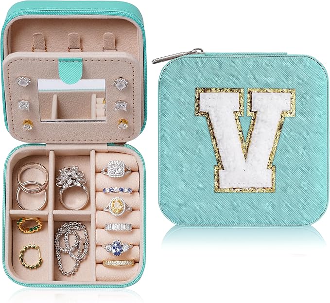 Parima Women's Jewelry Organizer | Necklace, Earring, Ring Holder | Aqua Blue Travel Gift - Letter V