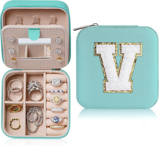 Parima Women's Jewelry Organizer | Necklace, Earring, Ring Holder | Aqua Blue Travel Gift - Letter V