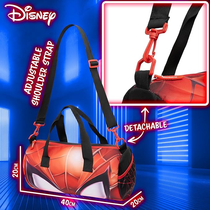 Disney Sports Duffel Bag, 15 x 7 x 7" Holdall 2 Pockets Adjustable Strap (Black/Red Spiderman)