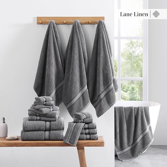 LANE LINEN Towel Set of 12 – 100% Mercerized Cotton, Zero Twist, 4 Large Bath Towel, 4 Hand Towels & 4 Wash Cloths, Quick Dry & Long-Lasting, Perfect for Family Bathrooms, Easy Care – Cool Grey
