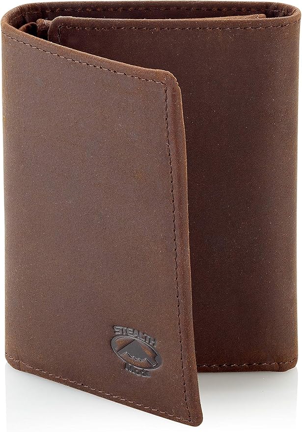 Stealth Mode Trifold Leather Wallet for Men with ID Holder and RFID Blocking (Brown)