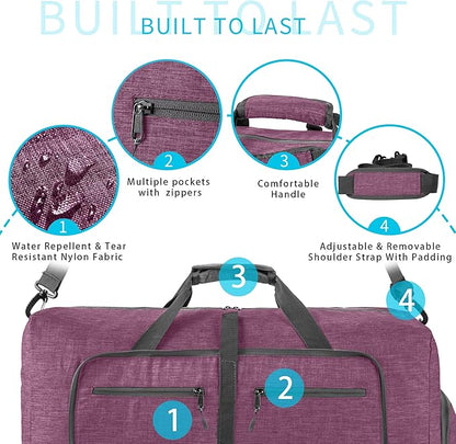 Vomgomfom 65L/85L/115L Foldable Travel Duffle Bag, Lightweight Checked Luggage with Shoe Compartment, Water-Resistant Weekender Overnight Bag for Men & Women