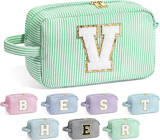 YOOLIFE Travel Makeup Cosmetic Bag - Personalized Monogram Cute Green Initial Makeup Bags Cosmetic Toiletry Bag Pouch Make Up Case for Women Her Mom Friend Sister Teacher, Birthday Gifts for Women V