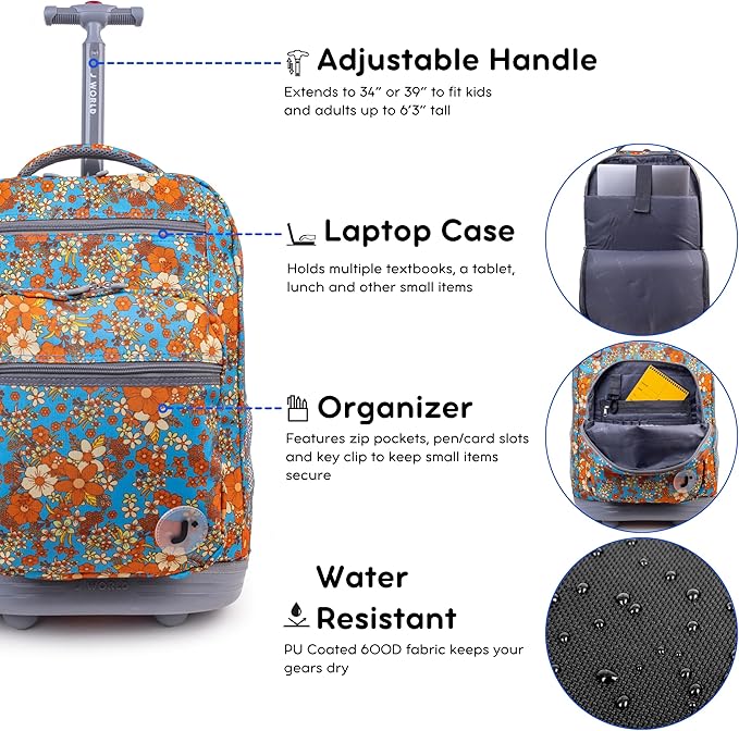J World Sundance Laptop Rolling Backpack for Girls Boys. Roller Bookbag with Wheels, Retro Bloom