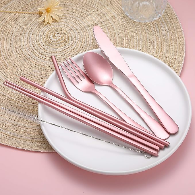 Portable Stainless Steel Flatware Set, Travel Camping Cutlery Set, Portable Utensil Travel Silverware Dinnerware Set with a Waterproof Case (Pink)