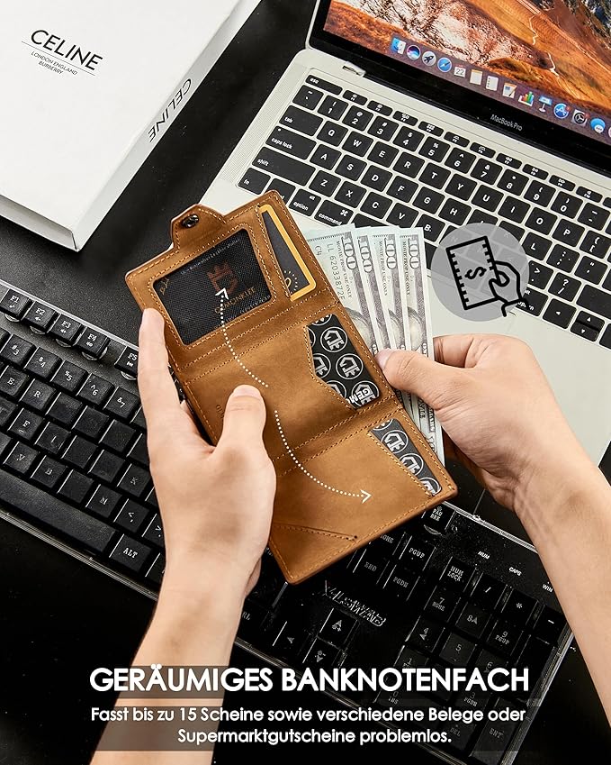 Mens Wallet Card Holder for AirTag, Leather Smart Wallet for Men, Airtag Wallet Pop Up Wallet, RFID Blocking, Slim, Minimalist, Large Capacity - 14-18 Card Capacity | ID Window | Cash Slot （Brown）