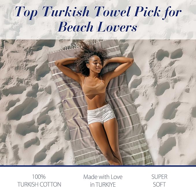 Cacala Lightweight and Thin Turkish Beach Towel 100% Cotton Sand-Free and Quick-Drying Goodness Perfect as an Extra Large Travel Towel, Beach Accessory, or Gift for Beach Lovers, 37 x 70