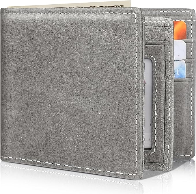 Mens Wallet Bifold Genuine Leather RFID Blocking Wallet for Men with 1 ID Windows 13 Card Holders 2 cash pockets 1 Gift Box