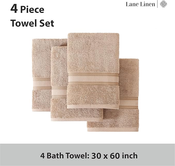 LANE LINEN 100% Cotton Bath Towels Set of 4 (30"x60") - Zero Twist, Cotton Bathroom Towel Sets - Quick Dry, Highly Soft & Absorbent Large Shower Towels for Bathroom - Sustainabaly Produced - Taupe