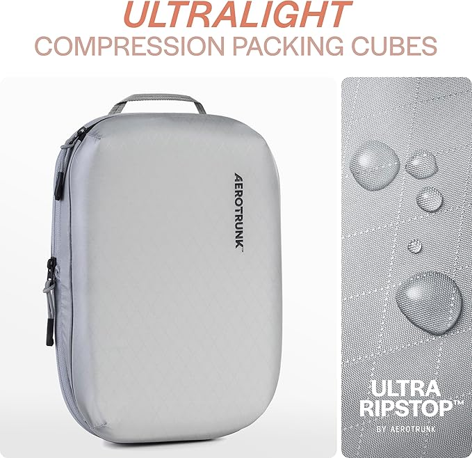 Aerotrunk Ultralight Compression Packing Cubes - Lightweight Travel Organizers for Suitcases and Luggage (3-Pack, Light Grey)
