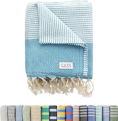 Oversized Turkish Beach Towel, Diamond Dobby Aqua - 37'' x 67'' - Super Soft & Lightweight | Quick Dry Sand Free Travel Towels for Beach or Bath | Gifts