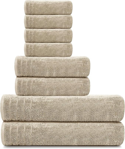 Tens Towels Pack of 8 Towels Set, 2 Extra Large Bath, 2 Hand, 4 Washcloths, 100% Cotton, Lighter Weight, Quicker to Dry, Super Absorbent, Perfect for Bathroom, Beige