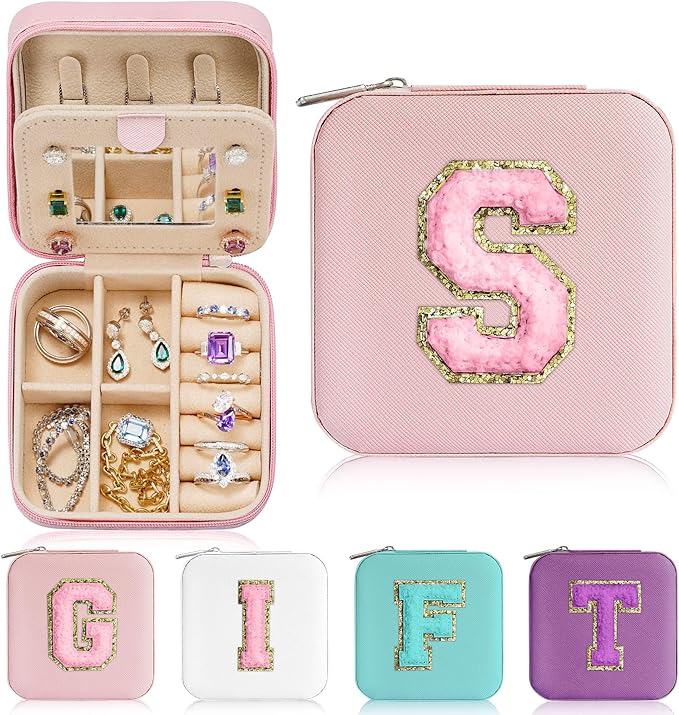 Parima Bridesmaid Gifts for Wedding Day, Bridesmaid Gifts for Women | Bridesmaid Proposal Gifts Unique Gifts | Wedding Travel Essentials Small Jewelry Box | Travel Jewelry Case - Letter S, Pink